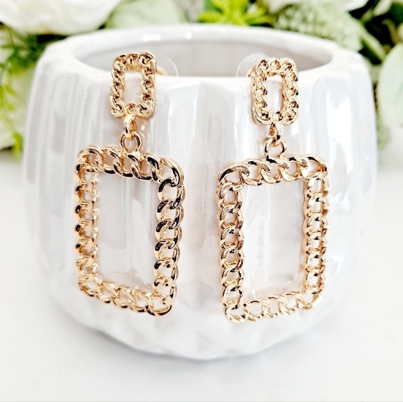 Gold Statement Earrings Metallic chunky chain link‎ square Retro💖2/$30 - Picture 10 of 13